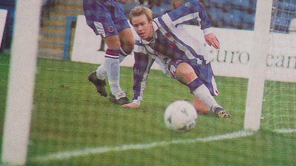 Paul Emblen scores for Brighton and Hove Albion against Colchester United