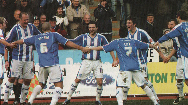 Glenn Murray and Brighton celebrate his first goal for Brighton against Crewe Alexandra in 2008