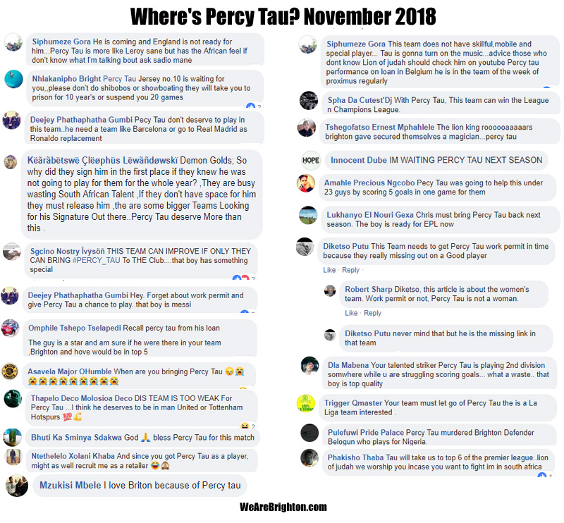 Comments from South African's asking why Percy Tau isn't playing for Brighton and Hove Albion