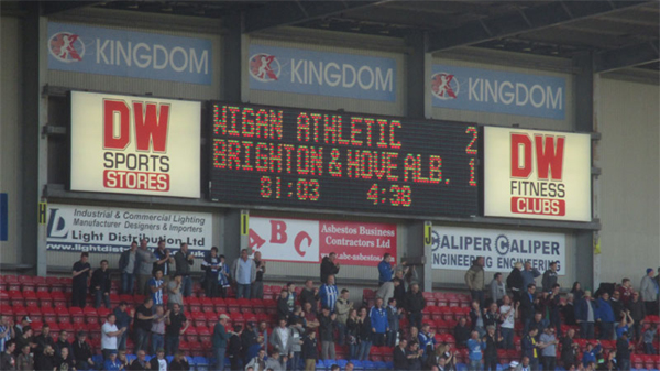 Brighton and Hove Albion lose 2-1 away at Wigan Athletic in April 2015
