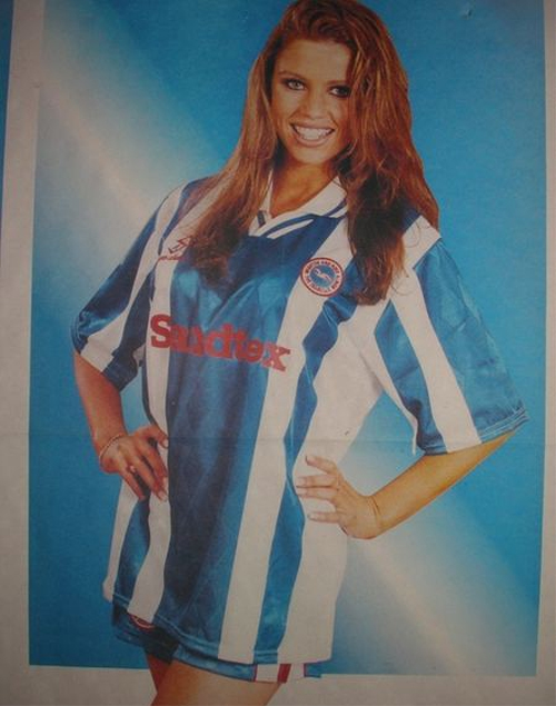 Katie Price in her Jordan days modelling the 1997-98 Brighton home kit