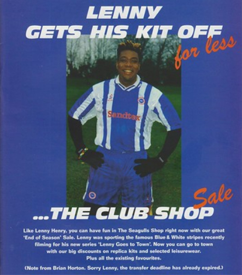 Lenny Henry advertising Brighton 1997-98 home kit