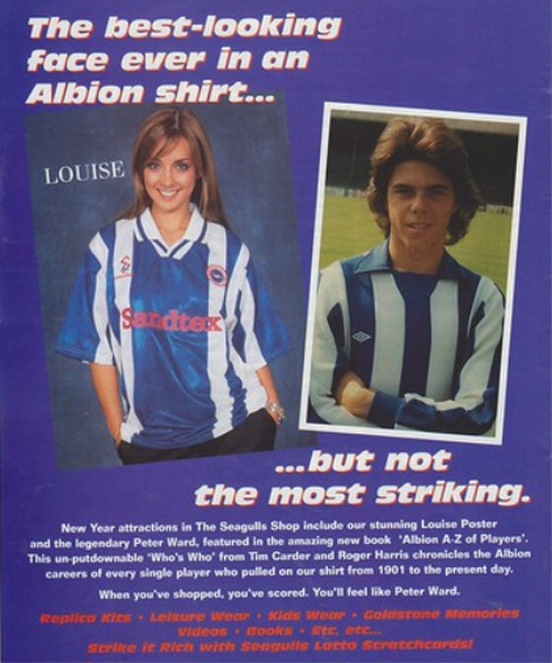 Louise Redknapp and Peter Ward promoting Brighton's 1997-98 season kit