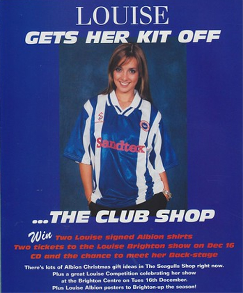 Louise Redknapp modelling the 1997-98 Brighton home kit