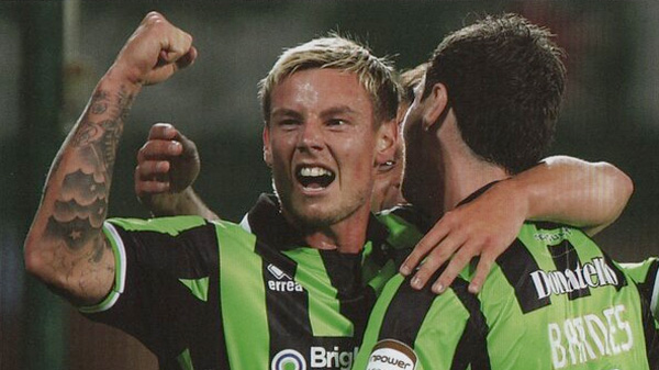 Will Hoskins celebrates scoring on his Brighton debut away at Cardiff City in August 2011