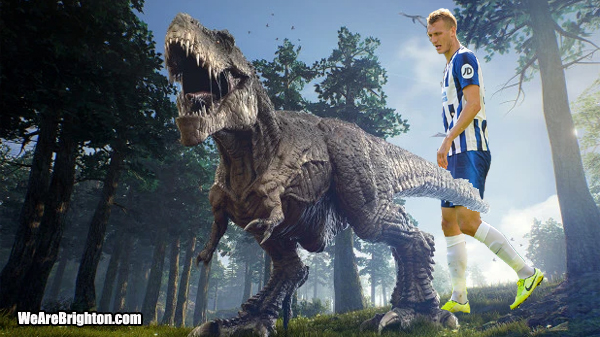 Brighton defender Dan Burn and a Tyrannosaurus rex