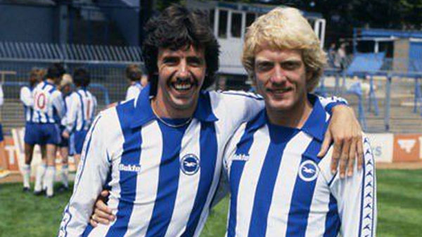 Brighton wore a blue and white striped kit with a seagull pattern on the sleeve in the 1977-78 season