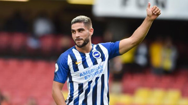 Brighton's current home shirt as worn by Neal Maupay