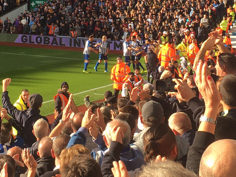 Adam Webster celebrates his first Brighton goal away at Aston Villa in October 2019