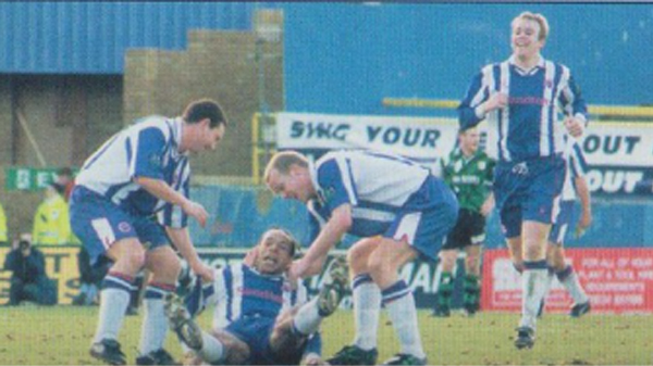 Peter Smith celebrates scoring for Brighton in a 1-1 draw with Scarborough in January 1998