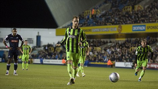 Ryan Harley misses a penalty for Brighton away at Millwall