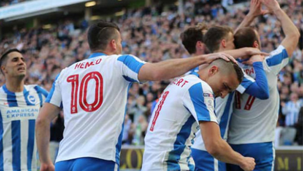 Glenn Murray celebrates scoring for Brighton against Blackburn Rovers at the Amex in April 2017