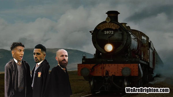 Three Brighton and Hove Albion players on board the Hogwarts Express