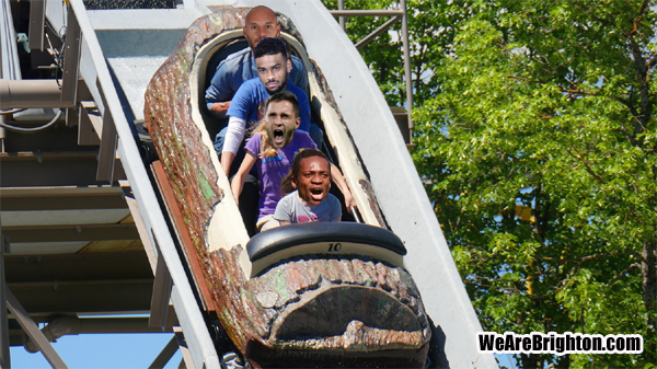 Four Brighton and Hove Albion players ride a log flume