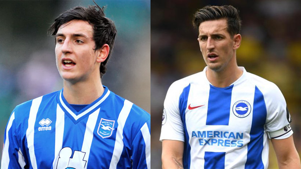 Lewis Dunk playing for Brighton and Hove Albion in 2010 and 2018
