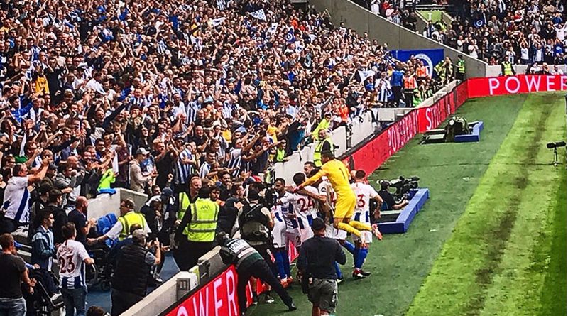 Brighton celebrate beating Manchester United 3-2 at the Amex in August 2018