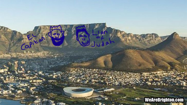 Bruno and Percy Tau painted on the side of Table Mountain
