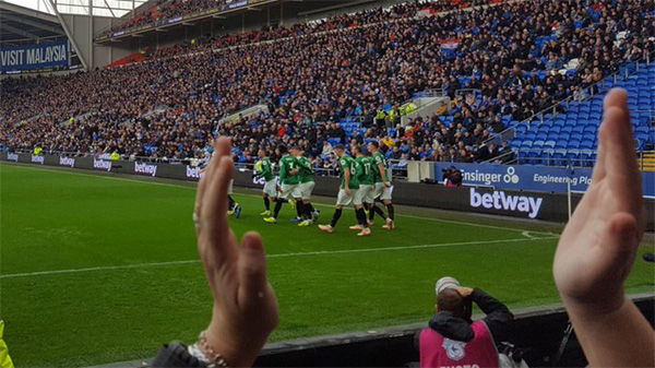 Brighton players celebrate Lewis Dunk's goal away at Cardiff City
