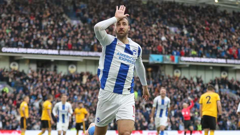 Glenn Murray celebrates scoring his 100th goal for Brighton against Wolverhampton Wanderers