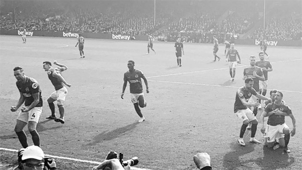 Brighton players celebrate doing the double over Crystal Palace in the 2018-19 season