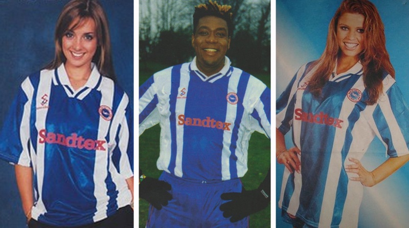 Brighton's 1997-98 kit is modelled by Louise, Lenny Henry and Jordan