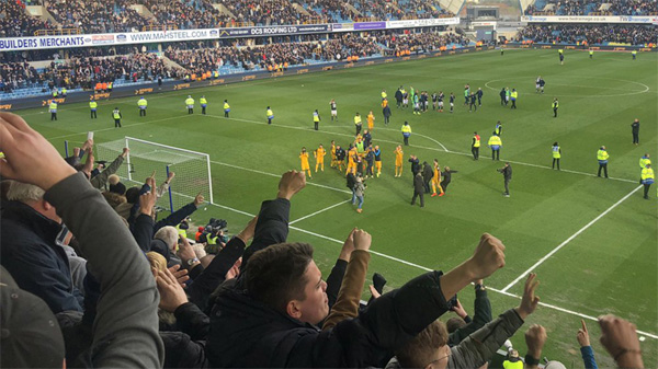 Brighton celebrate beating Millwall on penalties in the quarter finals of the FA Cup