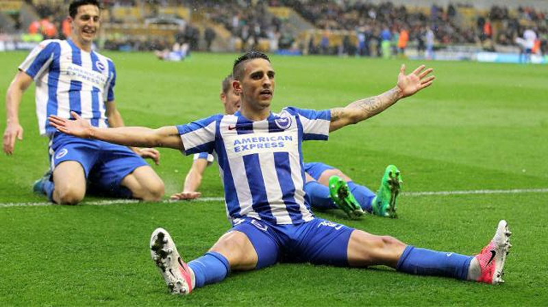 Anthony Knockaert celebrates scoring for Brighton against Wolverhampton Wanderers