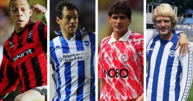 A photo of some of the most iconic kits in Brighton history