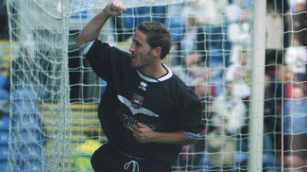 Paul Brooker celebrates scoring for Brighton and Hove Albion away at Burnley on the opening day of the 2002-03 season