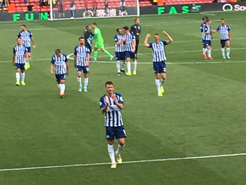 Brighton players celebrate beating Watford 3-0 in Graham Potter's first game in charge