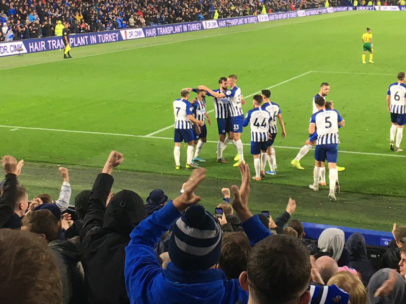 Brighton celebrate beating Norwich City 2-0 in November 2019