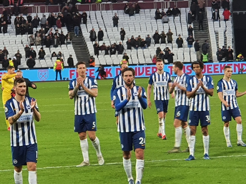 Brighton celebrate a 3-3 draw away at the London Stadium in February's opening game
