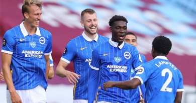 Brighton celebrate beating Burnley in their final game of the 2019-20 season in July