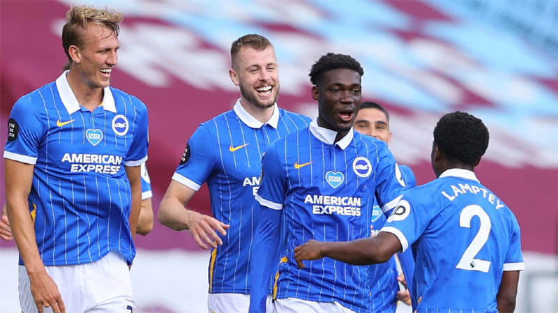 Brighton celebrate beating Burnley in their final game of the 2019-20 season in July