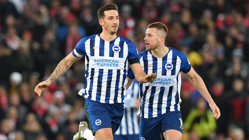 Lewis Dunk celebrates scoring for Brighton in their November game at Liverpool in the 2019-20 season