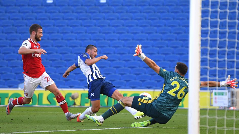 Neal Maupay scores a last minute winner for Brighton against Arsenal in June 2020