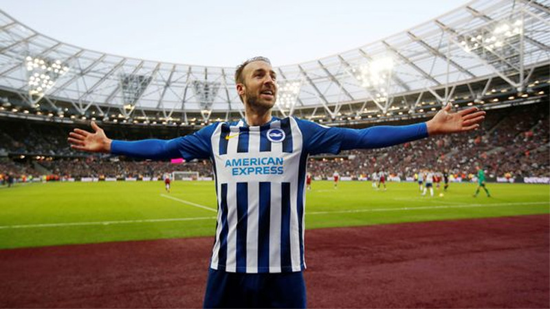 Glenn Murray celebrates scoring for Brighton away at West Ham United in February of the 2019-20 season