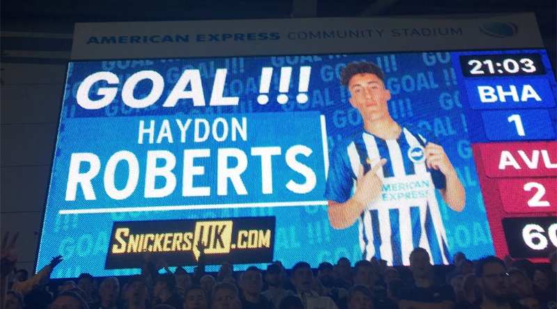 Haydon Roberts made his Brighton debut and scored against Aston Villa in the 2019-20 season Carabao Cup second round tie