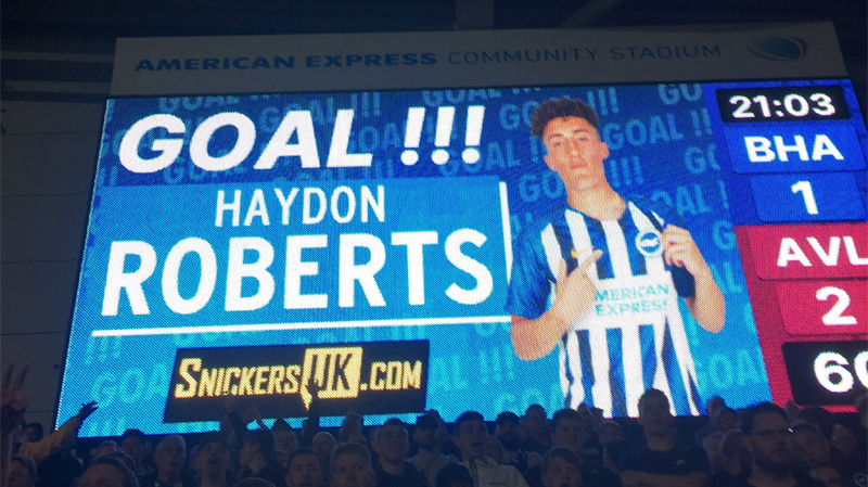 Haydon Roberts made his Brighton debut and scored against Aston Villa in the 2019-20 season Carabao Cup second round tie