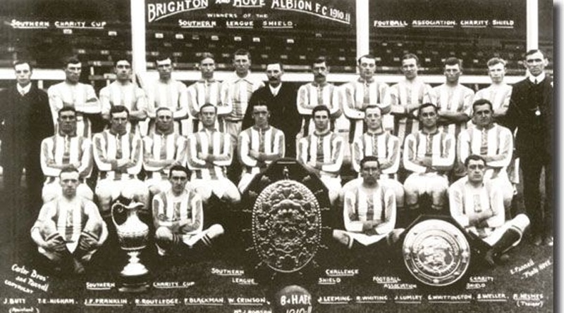 The Brighton team who won the Southern League title, the Southern Professional Charity Cup and the Charity Shield in 1910