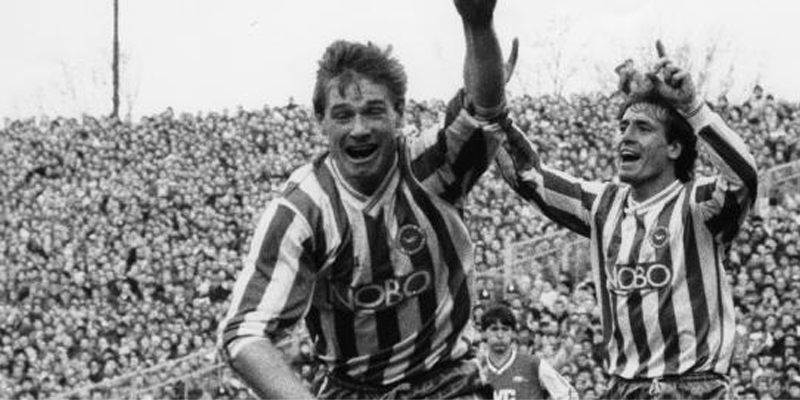 Garry Nelson celebrates scoring for Brighton against Arsenal in 1988