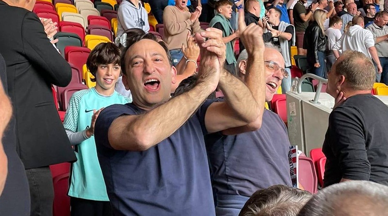 Tony Bloom celebrates Brighton beating Brentford in September of the 2021-22 season from the away end at the Brentford Community Stadium
