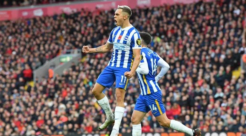 Leandro Trossard celebrates scoring for Brighton as they draw 2-2 at Liverpool in October of the 2021-22 season