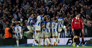 Brighton players celebrate their 1-0 win over Manchester United in May of the 2022-23 season