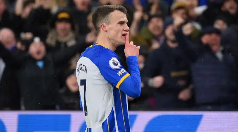 Solly March celebrates scoring against Crystal Palace in March of the 2022-23 season for Brighton