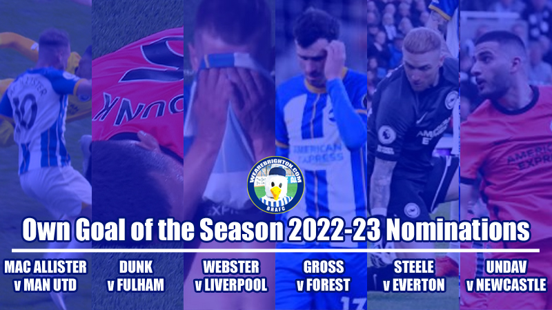 The nominations for Own Goal of the Season in the WAB Brighton 2022-23 Awards