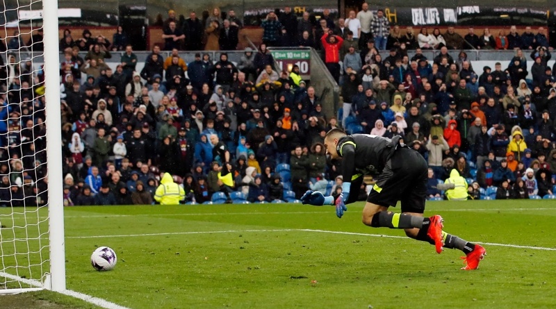 Burnley goalkeeper Arijanet Muric scores an own goal for Brighton at Turf Moor in April of the 203-24 season