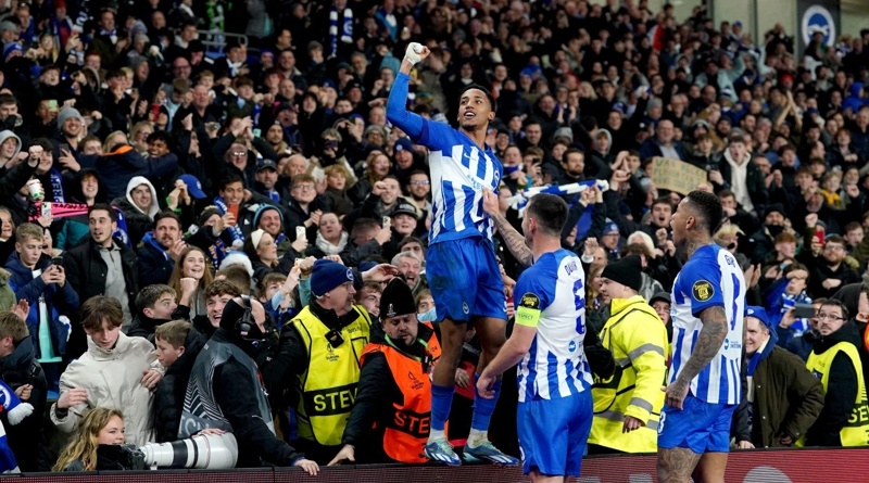 Joao Pedro celebrates scoring the winner against Marseille in December as Brighton top their 2023-24 Europa League group