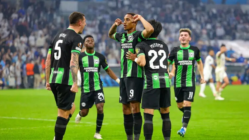 Joao Pedro celebrates scoring for Brighton away at Marseille in October of the 2023-24 season