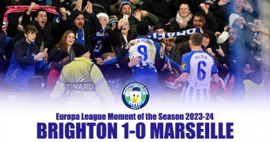 Joao Pedro celebrates scoring for Brighton in the 1-0 Europa League 2023-24 win over Marseille